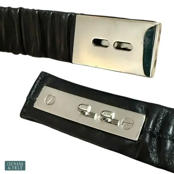 Gucci Black Leather Ruched Stretch Belt w/ Silver Logo Plate  display picture 3
